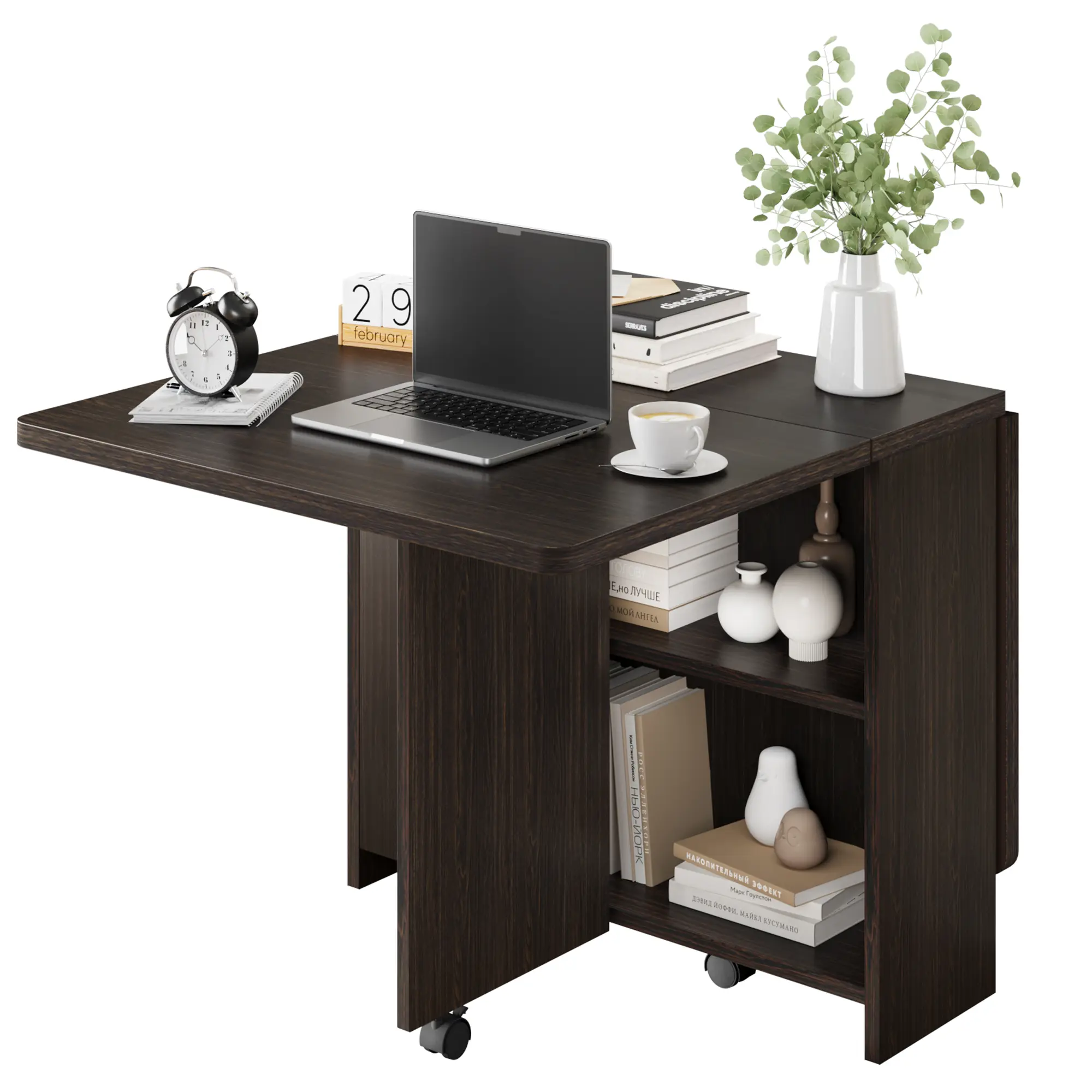 Folding Drop Leaf Dining Table, Space-Saving Extendable Kitchen Table with 2-Tier Storage Shelf, 6 Lockable Wheels, Heavy Duty Metal Frame 150 LBS Capacity Multipurpose Rolling Table for Small Apartment Home Decor, Dark Walnut
