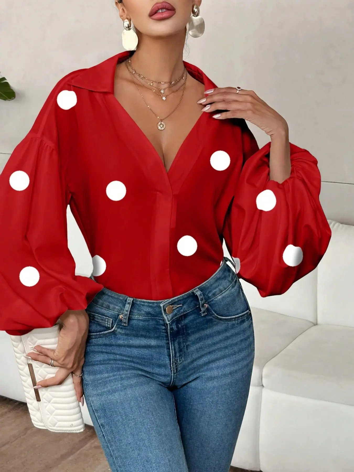 Women's French Polka Dot Blouse, Blouse Shirt Top, Fitted Round Neck Lantern Sleeve Long Sleeve Shirt, Casual Spring & Fall Fashion, Perfect for Vacation & Commuting