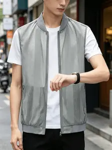 New Plain Loose-Fit Semi-Transparent Outdoor Mesh Vest, Lightweight Hiking Fishing Photography Running Jacket, Casual Style Unlined