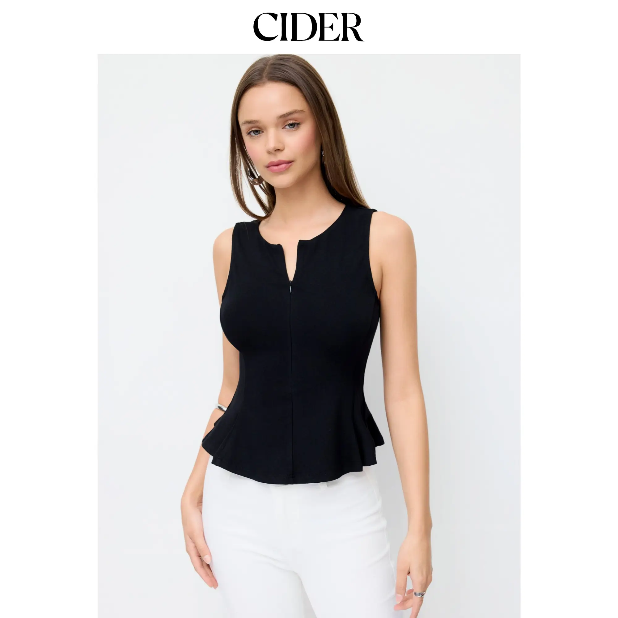 Cider High Stretch Ruched Peplum Hem Tank Top