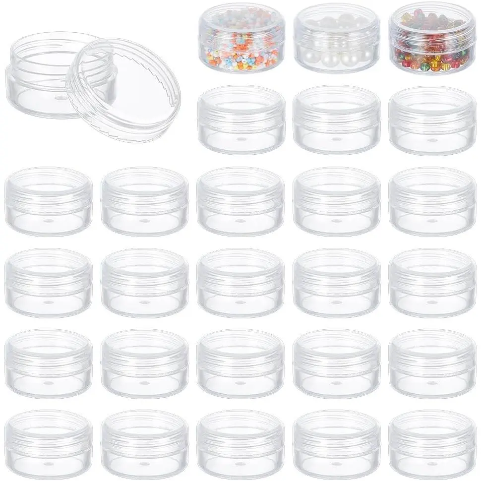 30 Pack 1."x0.78" (10ml) Empty Clear Plastic Bead Storage Container jar with Rounded Screw-Top  for Beads,  Art, Glitter, Make Up,  and Travel Cream