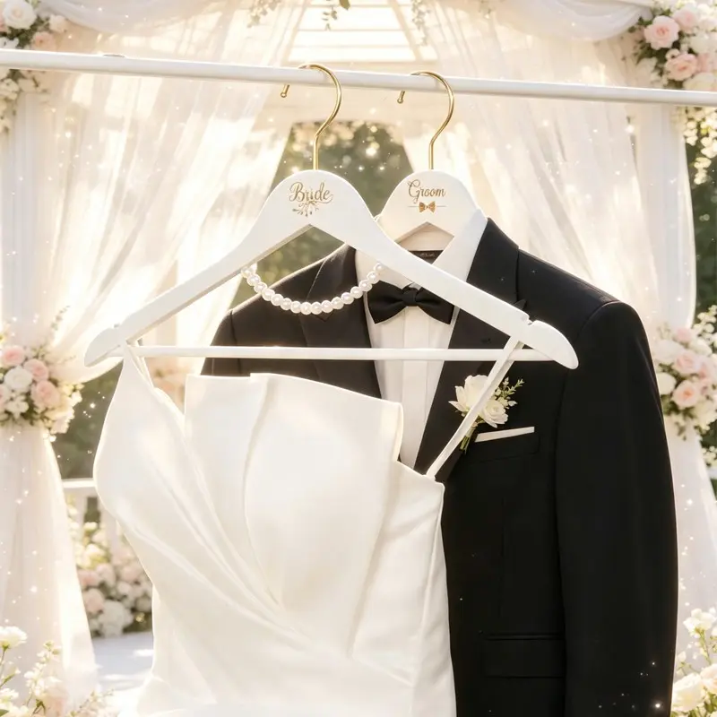 Bridal & Groom Dress Hangers Set, Engraved + Pearl Hangers, Wedding Photography Props, Bridal Shop Display Hangers, New Wedding Gift