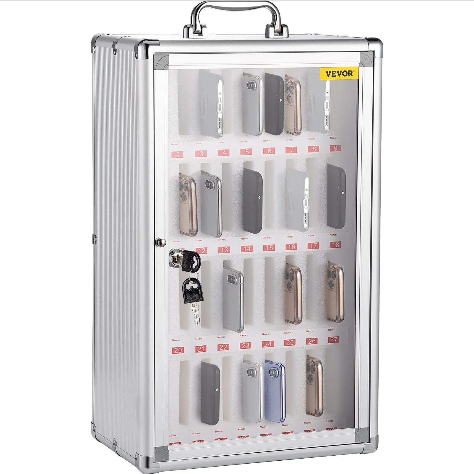VEVOR 36-Slot Sturdy Silver Aluminum Alloy Rectangular Cell Phone Storage Cabinet (12.6"x7.9"x20.1"), Easy Mount, Portable Handle, Key Lock, Handwritten Tags, for Gym, Conference Table Use | DealsForYouDays Factory-Made Indoor Furniture