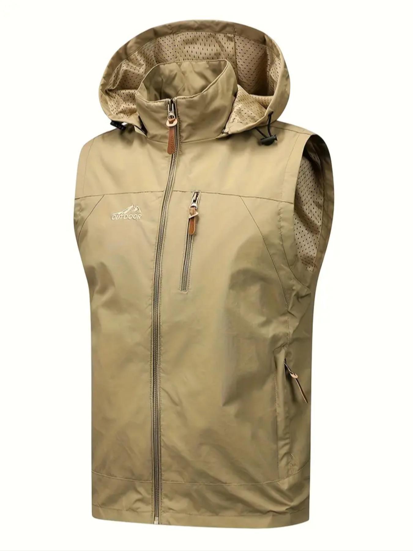 Men's Letter Graphic Embroidery Drawstring Zip Up Vest Zipper Hooded Vest Jacket, Regular Fit Casual Pocket Sleeveless Outerwear for Fall & Winter, Men's Clothes for Outdoor Activities
