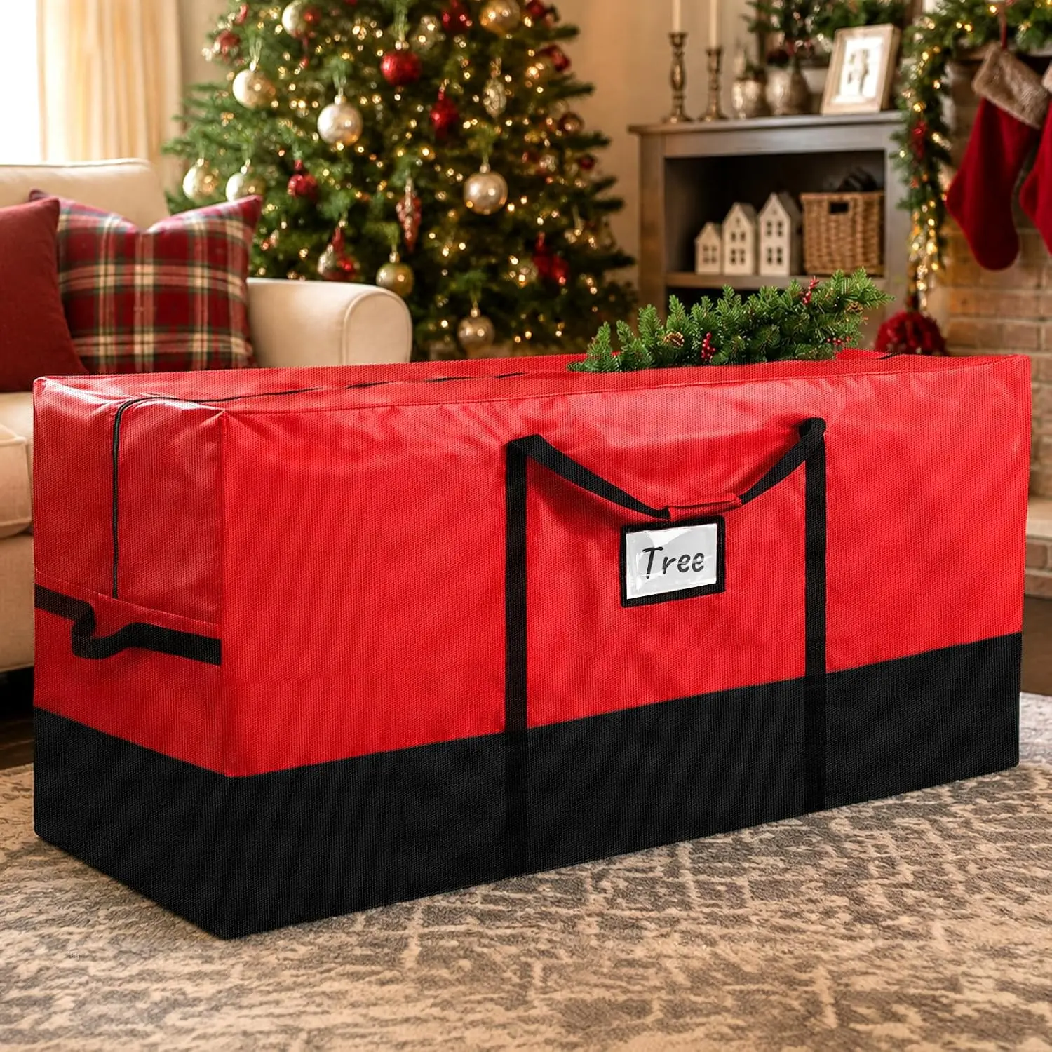 Christmas Tree Storage Bag,  Moving Bags Fits Up to 10FT Artificial Trees,  Xmas Decora Storage with Double Zippers, Reinforced Handles, Clear Card Slot, Red-Black
