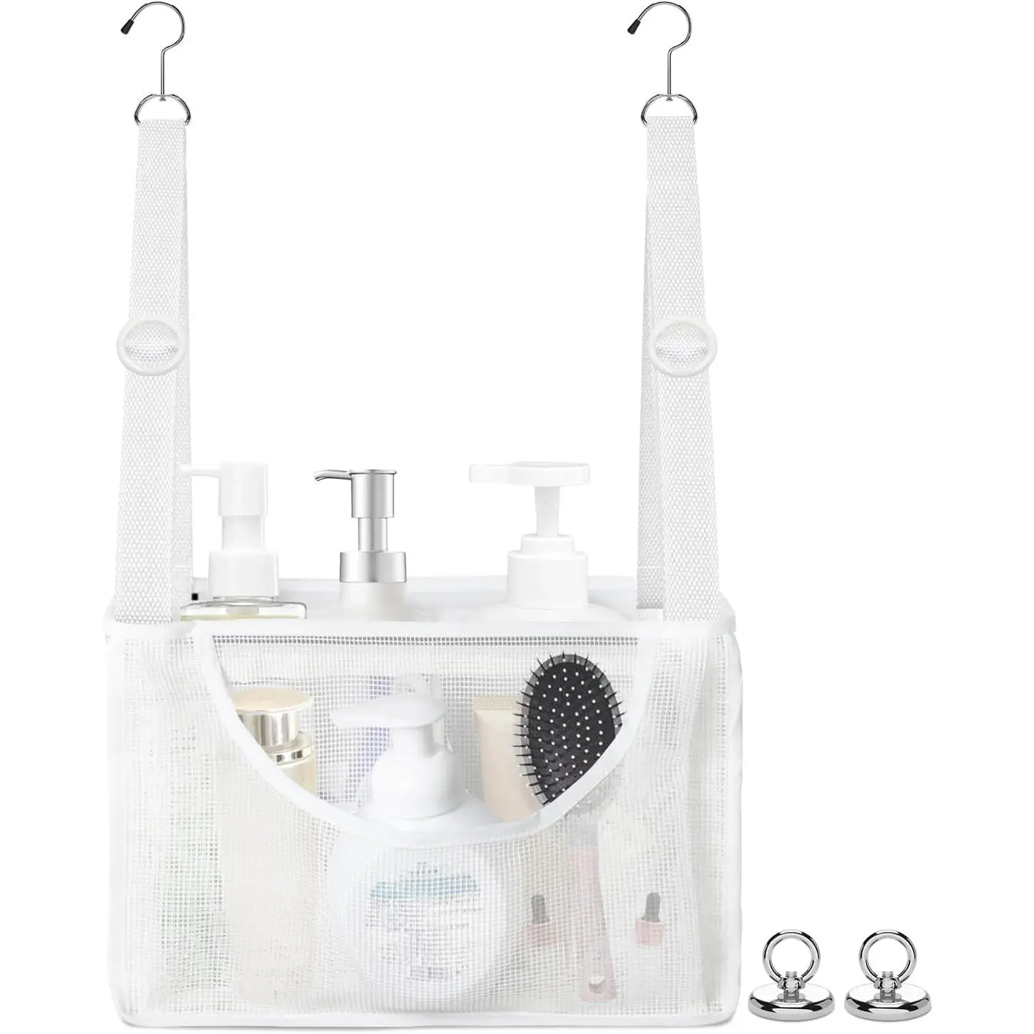 PVC Mesh Hanging Shower Caddy Organizer with 2pc Magnetic Hooks, Portable Adjustable Travel Bathroom Bag with Pockets for RV, Camping, Cruise, Dorm, Gym, White, 12"x5"x7"