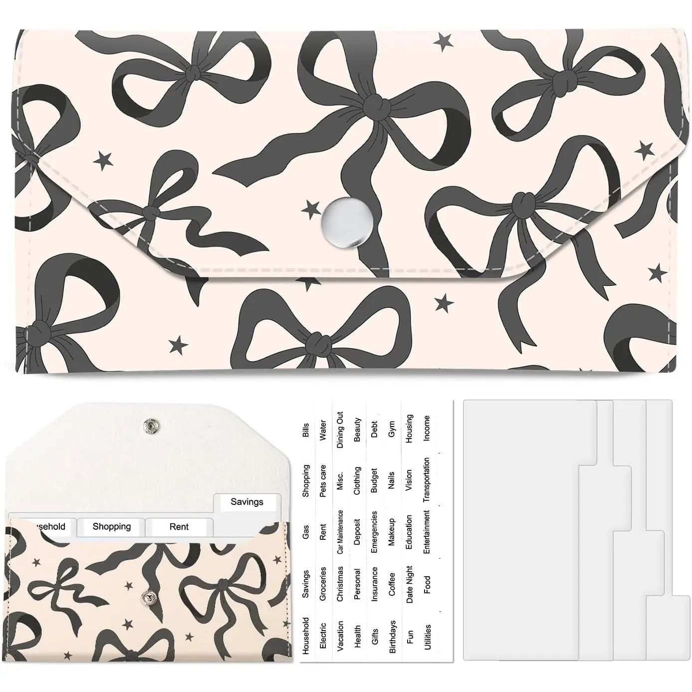 Envelope Wallet,  Budget  Wallet, Cute PU Leather  Saving Wallet with 4 Dividers & 1 Sheet Category Stickers Black White Bow