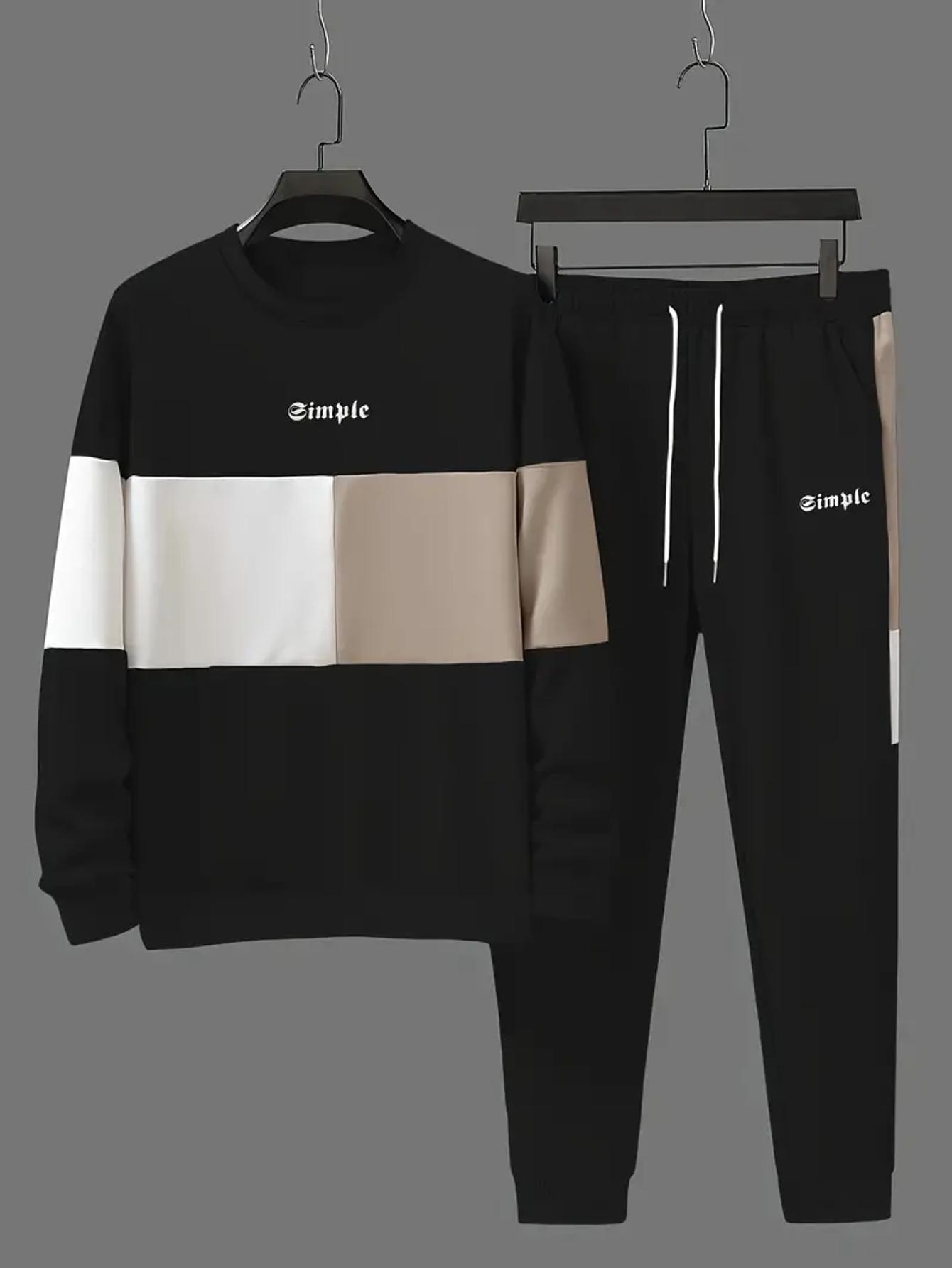 Men's color blocked 2-piece set, casual round neck long sleeved sweatshirt and sweatpants jogging pants set for winter and autumn, men's clothing