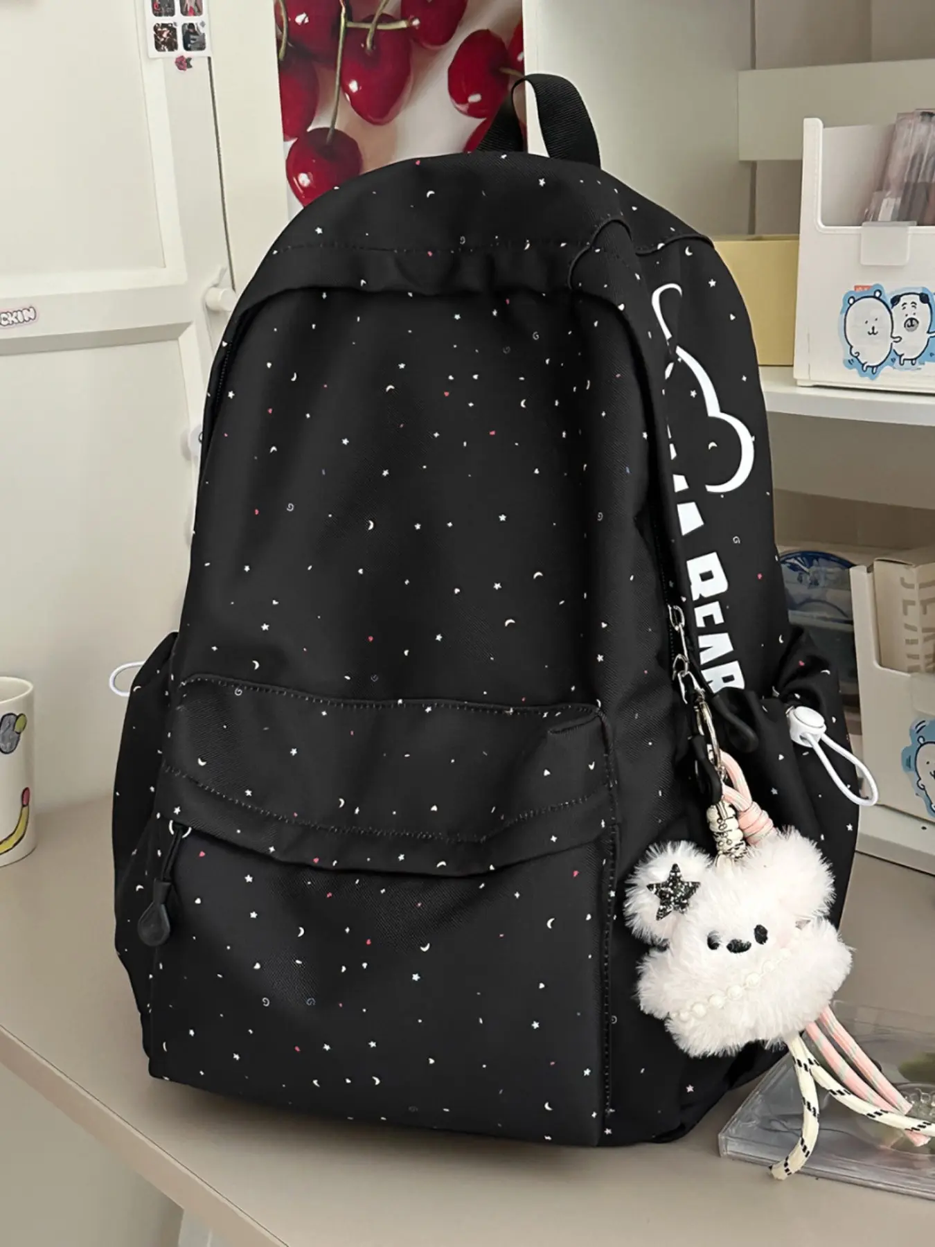 Girls' Cute Polka Dot Backpack, Lightweight Waterproof Nylon School Bag, Large Capacity Casual Travel Backpack with Bear Charm, Korean Style Daily Backpack