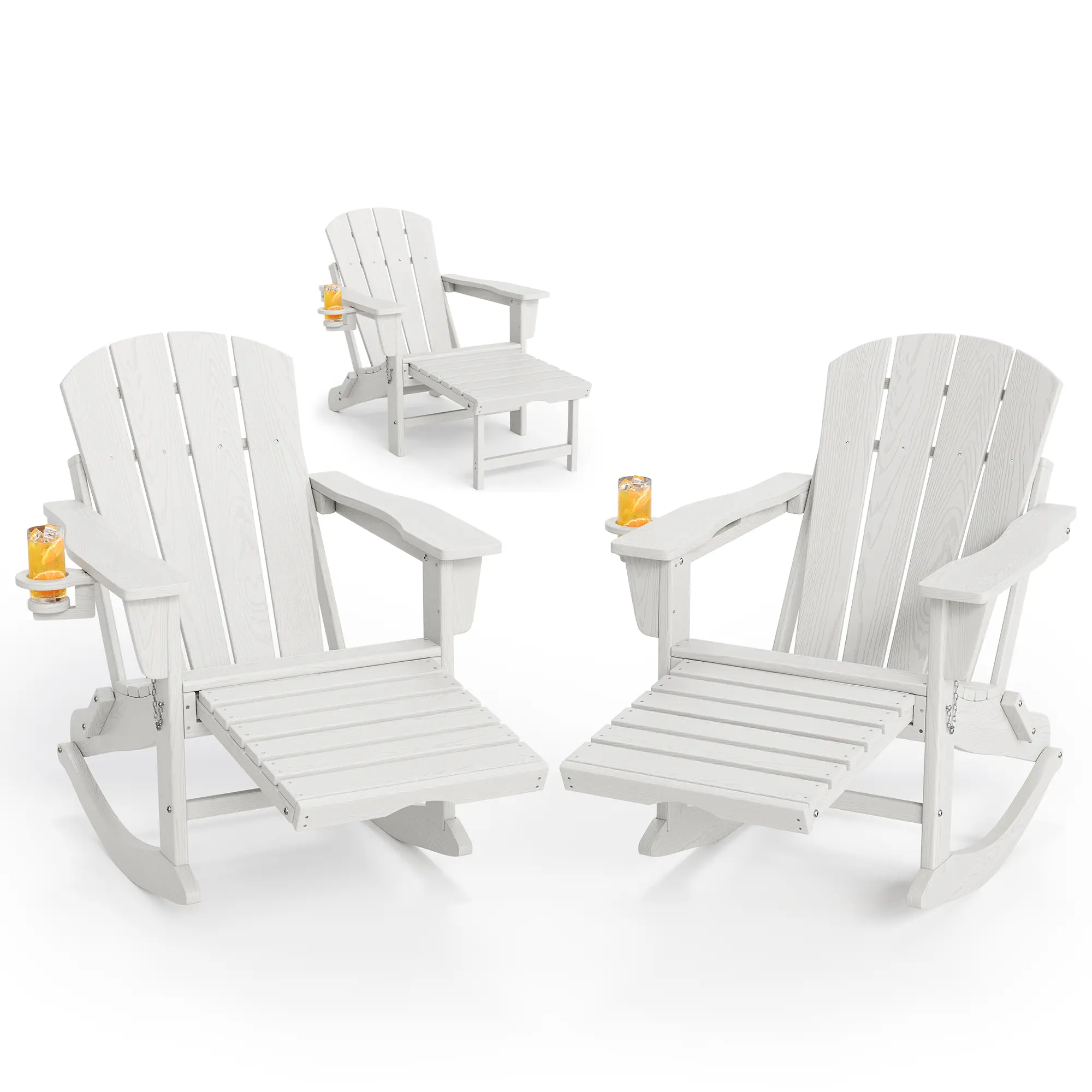 Garvee Folding Adirondack Rocking Chair - All-Weather HDPE, Wood Grain Texture, Retractable Ottoman, Cup Holder, Collapsible for Deck, Garden, Backyard (Brown/Navy Blue/White) | Adirondack Chairs lounging girocker tanning adjustable anti gravity chair