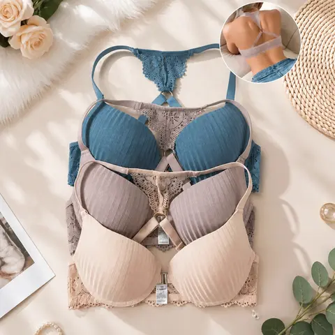 Women's 3PCS Front Closure Lace Underwired Push-Up Shaping Bras - Anti-Sag Full Coverage Everyday Comfort Bras for Women with Lift & Support, Sexy Design