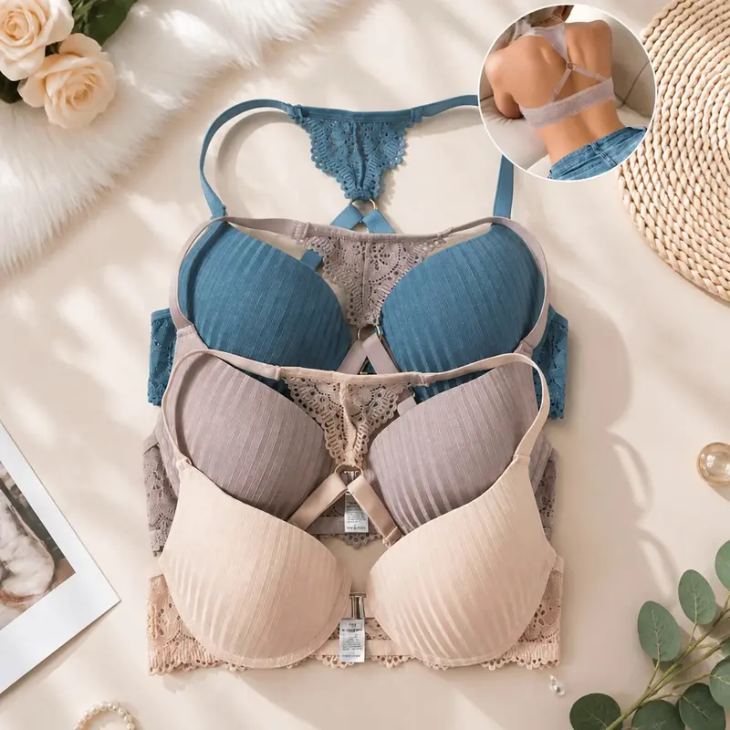 Women's 3PCS Front Closure Lace Underwired Push-Up Shaping Bras - Anti-Sag Full Coverage Everyday Comfort Bras for Women with Lift & Support, Sexy Design