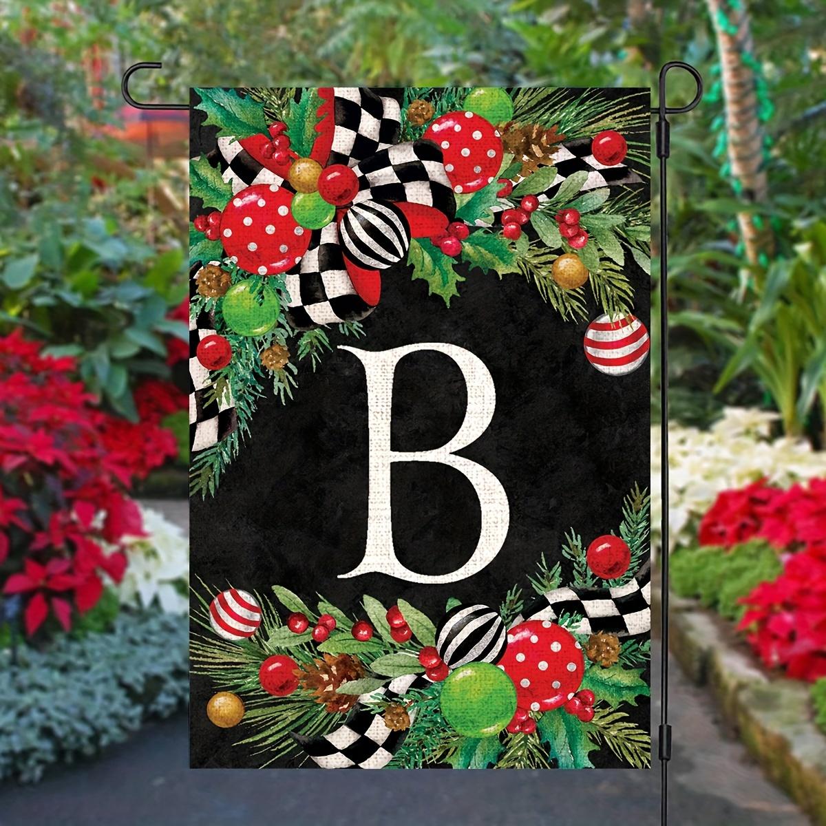 Linen Christmas Monogram Letter Garden Flag - Initial Personalized Family Name Yard Banner Sign,Double-Sided Print, Festive Holiday Outdoor Decoration, Yule Holly Design, No Flagpole Included Ornaments