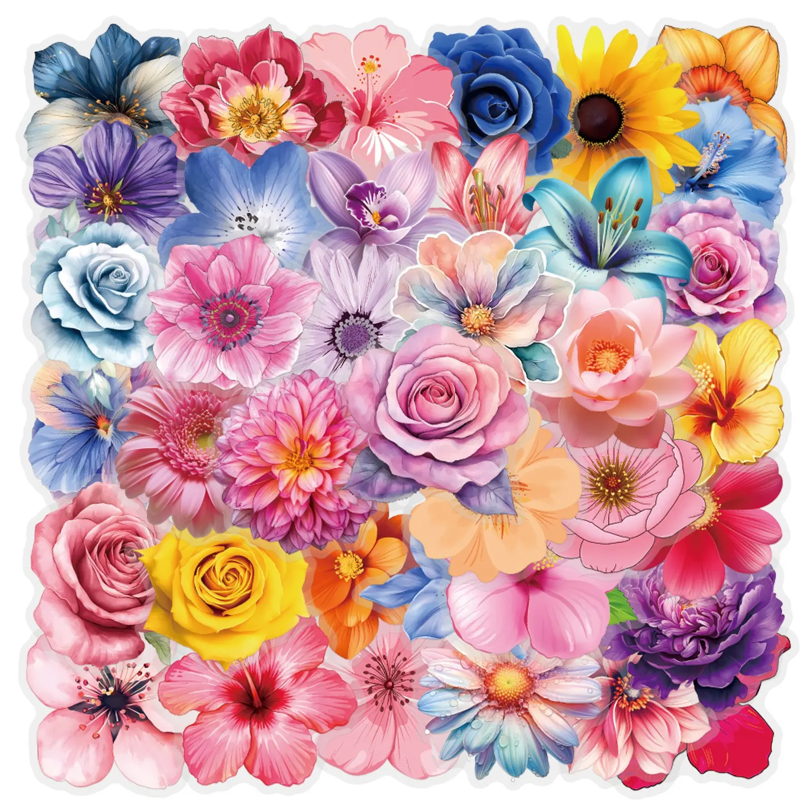 63 Transparent Flower Stickers for Scrapbooking, Pet Material, Natural Plant Patterns, Rich Colors, Vintage Handmade Decals
