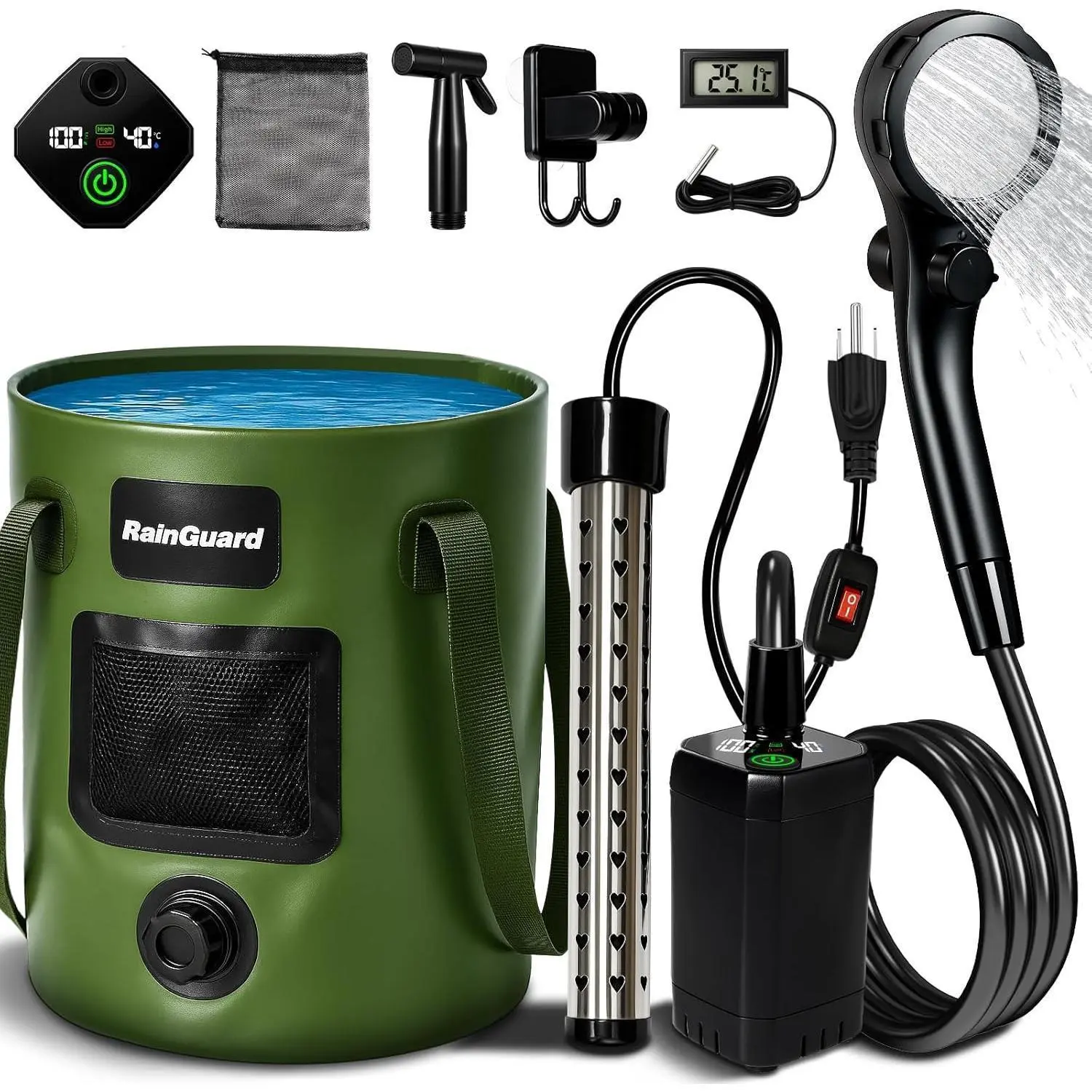 Portable Camping Shower, 6000mAh Rechargeable Shower Pump, Large Capacity Foldable Bucket, 6' 7" Filtered Shower Head, Summer Beach, Outdoor Camp Showering, Hiking, Pet Bath, RV Car Wash, Water Plant