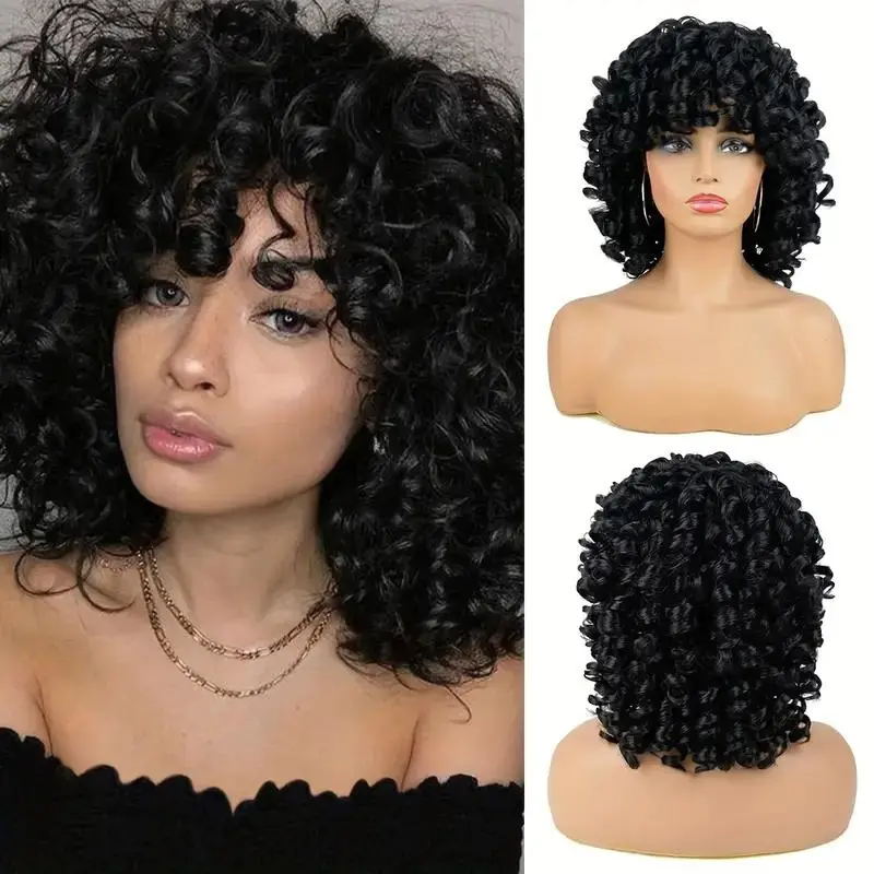 Big Bouncy Fluffy Curly Wig Synthetic Heat-Resistant with Bangs For Women Black 14 Inch Chemical Fiber Wig with Bangs Ideal for Daily Wear Easy to Put On and Beginner-Friendly