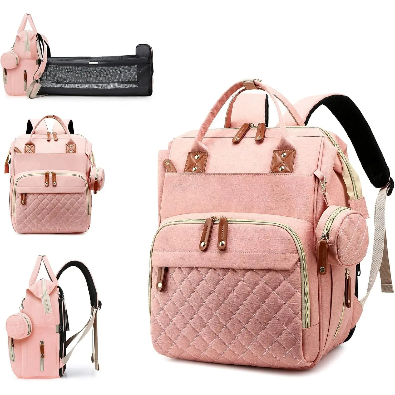 Diaper Bag with Changing Station, Waterproof 3 in 1 Baby Diaper Backpack with Foldable Changing Pad, Large Travel Back Pack for Baby Girl Boy, Peach Pink