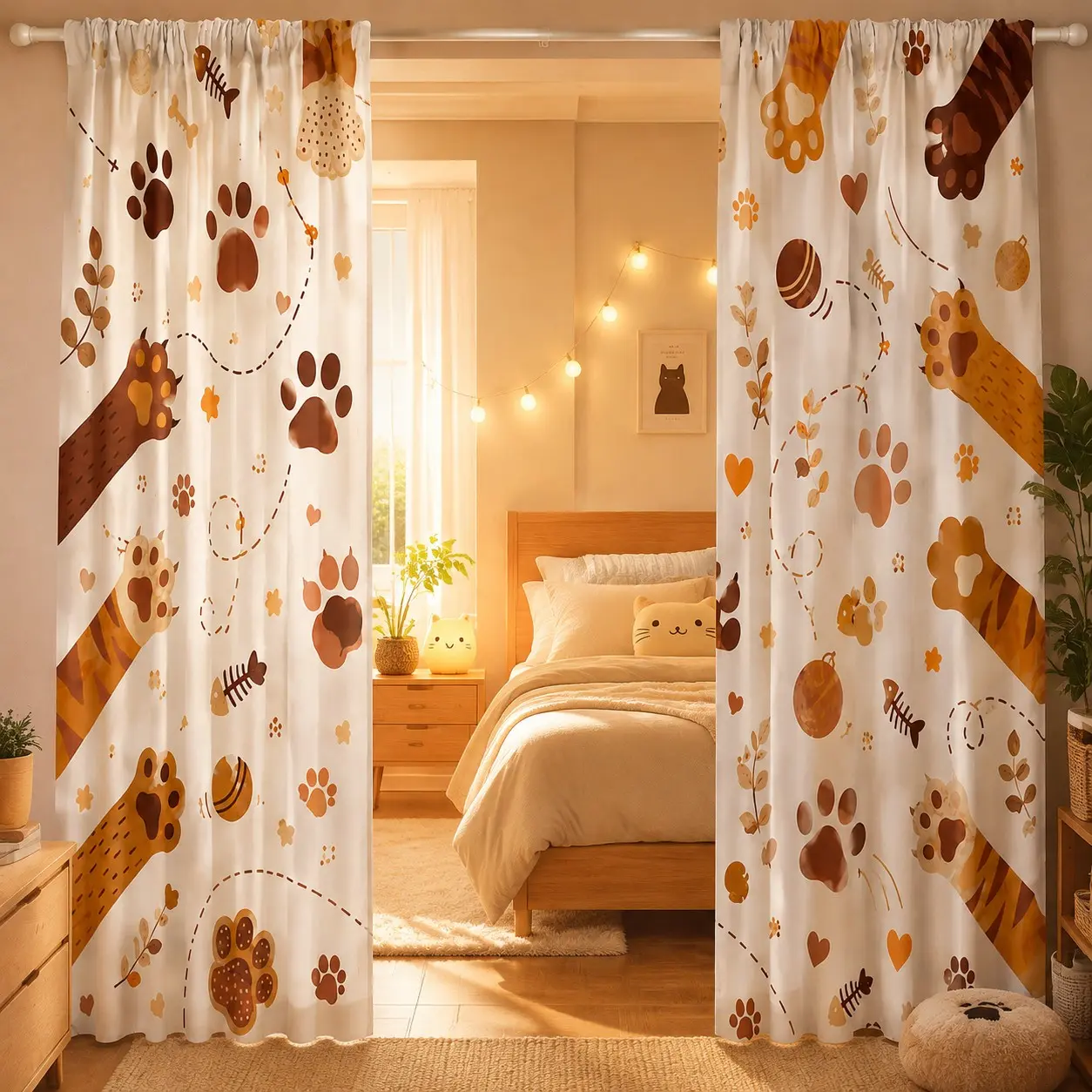 Cute Cat Paw Print Curtains Set of 2, Base with Playful Cat Paws, Fish Bones, Hearts, Perfect for Kids Room, Cozy and Fun Home Decor