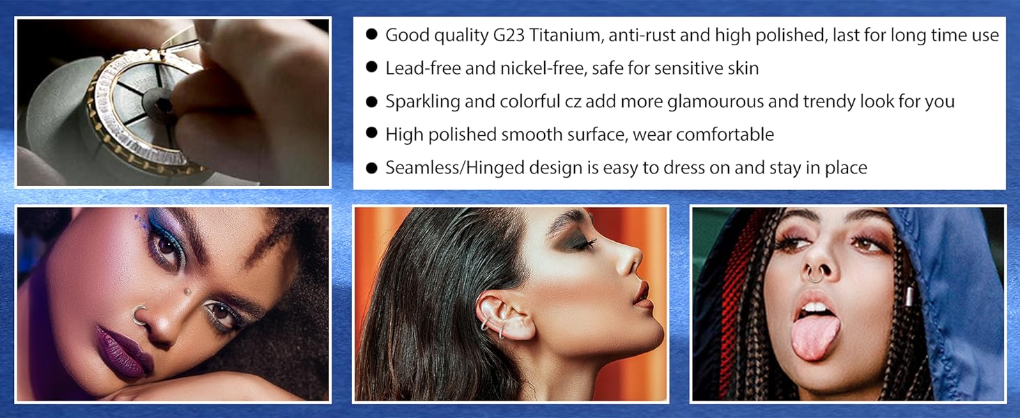Milacolato 1count G23 Titanium Nose Rings Hoops Hypoallergenic Conch Piercing Jewelry 16G 18G 20G Hinged Segment CZ Paved Clicker Rings for Septum Cartilage Daith Helix Rook Tragus Ear Lobe Earrings for Women Men 6mm/8mm/10mm