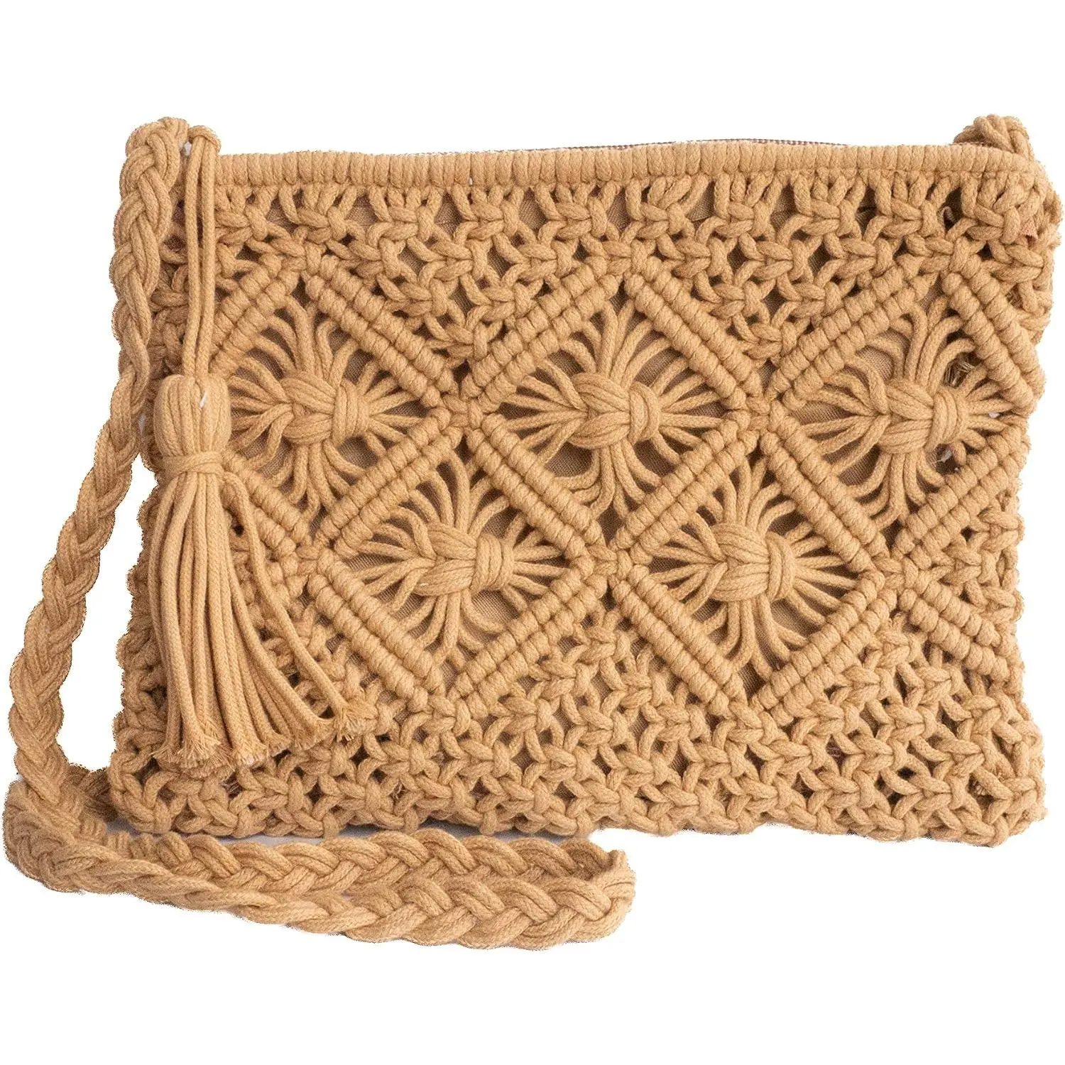 Macrame Purse Bag | Hand-Woven Knitted Crossbody  Strap Zipper | Cute Fringe Boho  | White Beige Gray