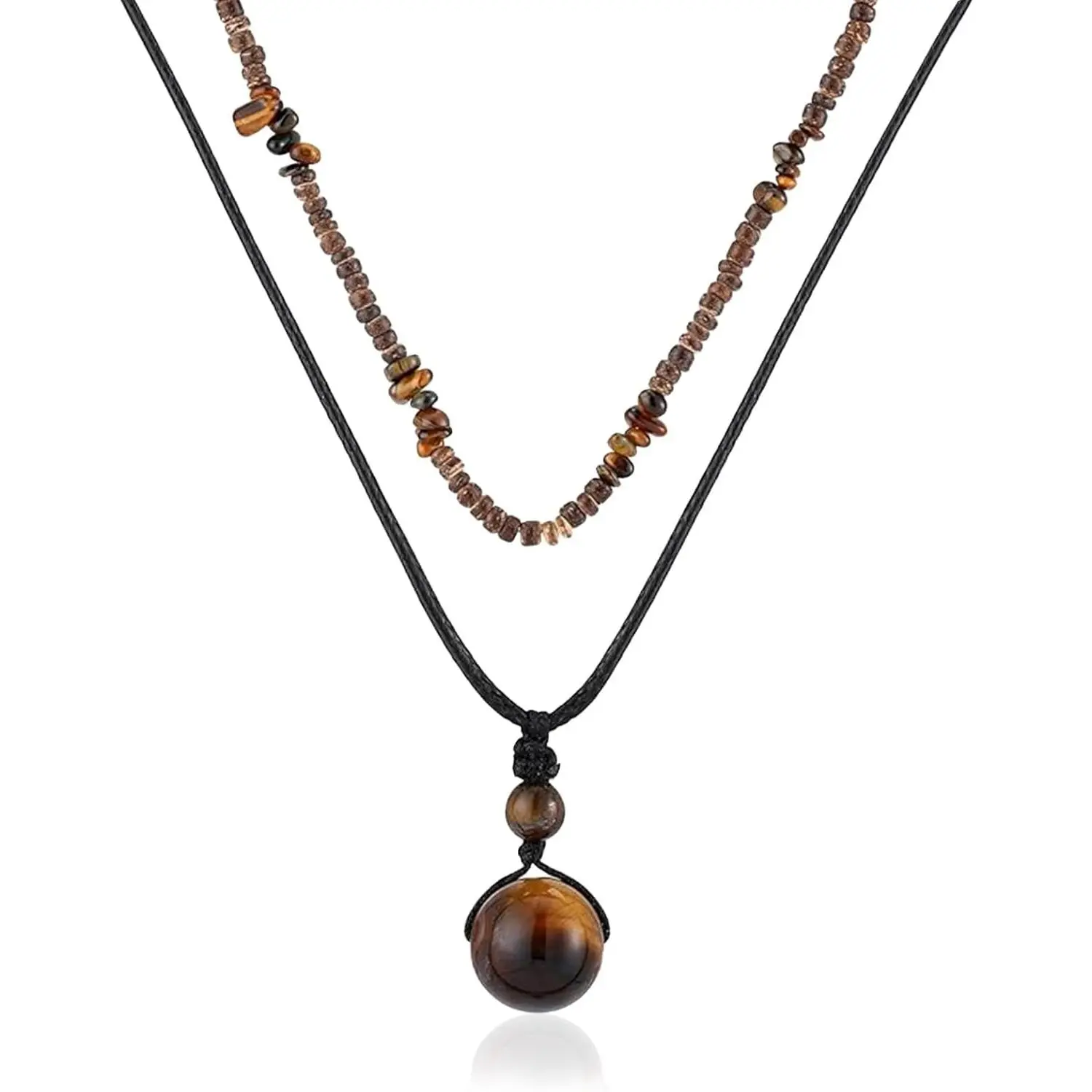 Men's Puka Shell Necklace with Tigers Eye & Coconut Beads for Beach Surfing | |Summer Beach | Coastal Accessories |Tiger Eye Pendant | Adjustable Cord | Boho Style | Lightweight & Durable