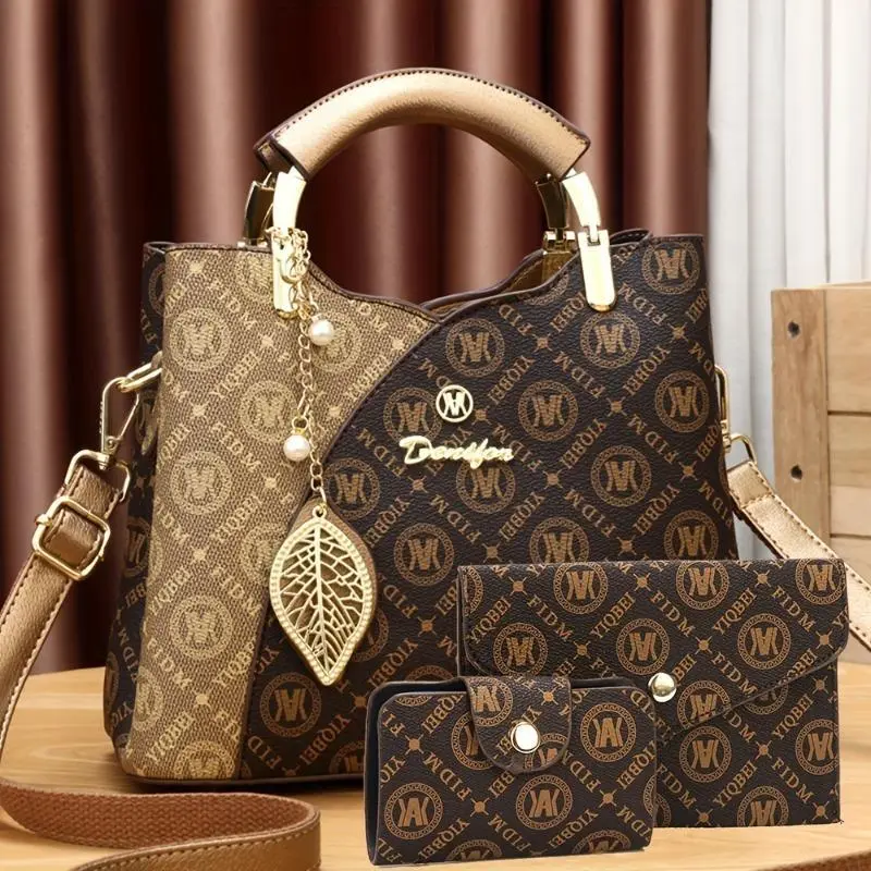 Women's 3-Piece Monogram Tote Bag Set - Business Casual Satchel with Matching Wallet, Card Holder, Leaf Charm, Gold-Tone Hardware, Spacious & Organized Design, Understated Luxury, Durable For Daily Bag Handling, Monogram Brown Style Elevates Basics, Class