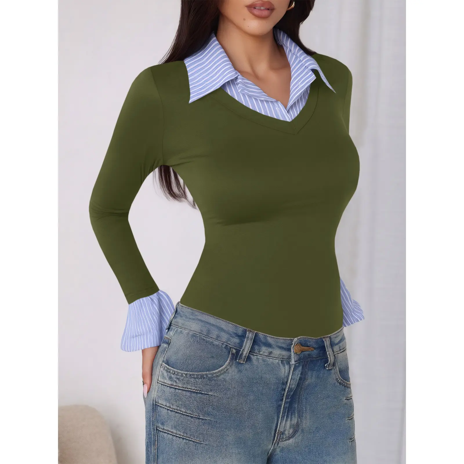 Tankaneo Womens Long Sleeve Polo Shirts Business Casual Work Tops Slim Fit V Neck Collared Patchwork Black Vneck Womenswear