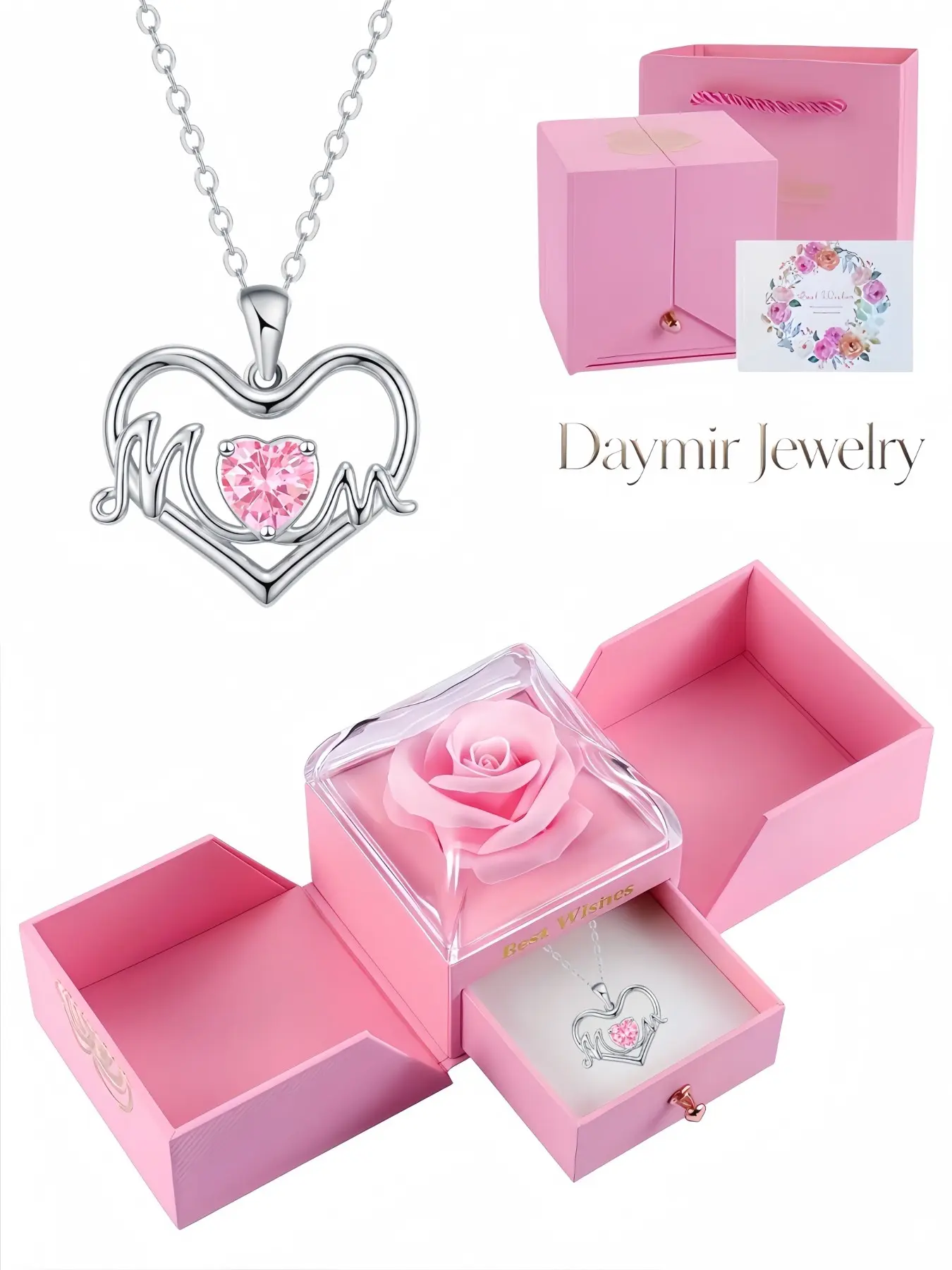MOM Hidden Love Necklace, vibrant elegant colored gem pendant with luxury dopamine style. Packaged in surprise double-door preserved rose jewelry box, ideal gifts for wife on Valentine’s Day, Mother’s Day, Christmas and all holidays.