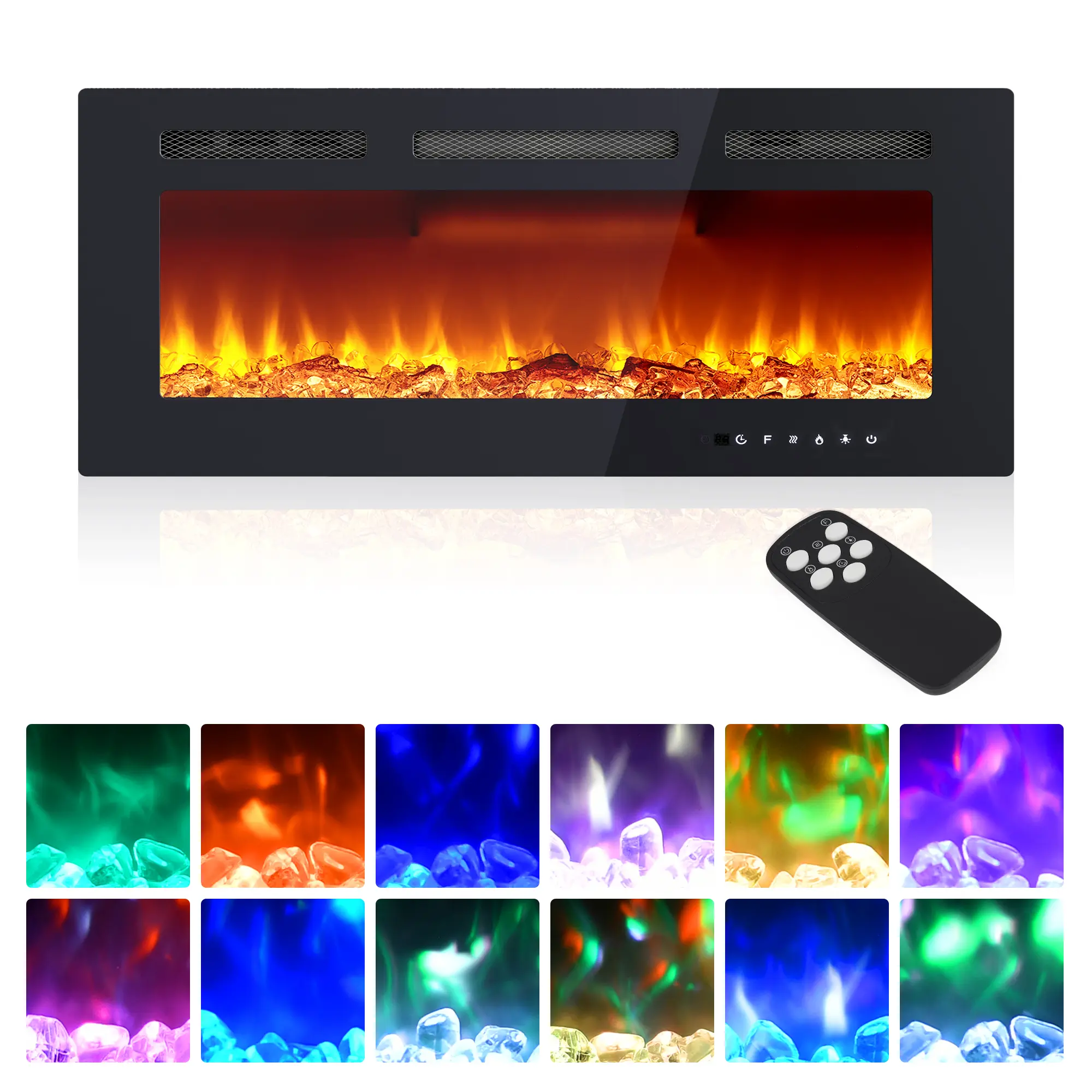 Garvee 40" Wall-Mounted or Recessed Electric Fireplace Insert – 750W/1500W Heater with 12 Flame & Ember Colors, Interactive Display & Remote, Black Tempered Glass