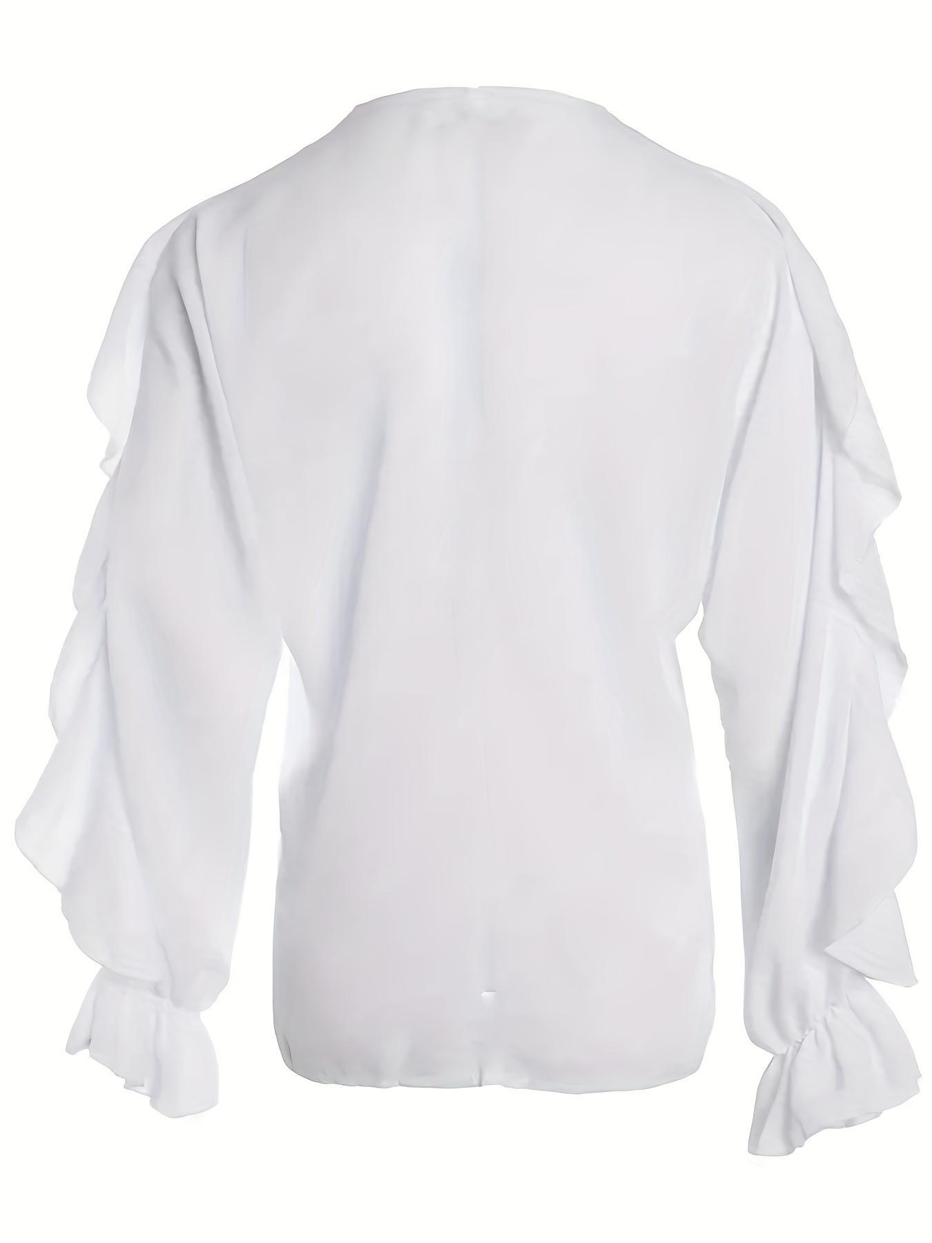 Women's Plain Ruffle Trim Button Front Blouse, Elegant Long Sleeve V Neck Top for Spring & Fall, Ladies Clothes for Daily Wear
