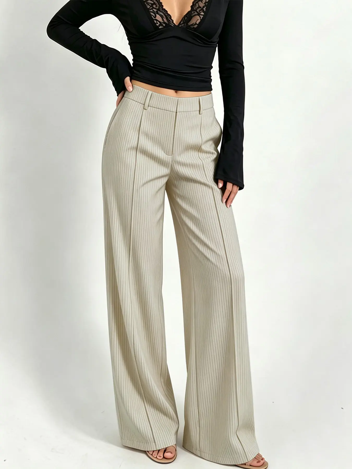 Women's High-Waisted Wide-Leg Trousers, Casual Fitted Long Pants, All-Season Plain Design, Comfortable Drop-Crotch Style