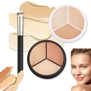 2 Pcs Tri-Color Concealer Contour Palette with Brush, Ivory Cream Color Correcting Foundation Plate, Professional Makeup Corrector for Under Eye Dark Circles and Eyelid Tattoo, Ideal for Light & Medium Skin Tone