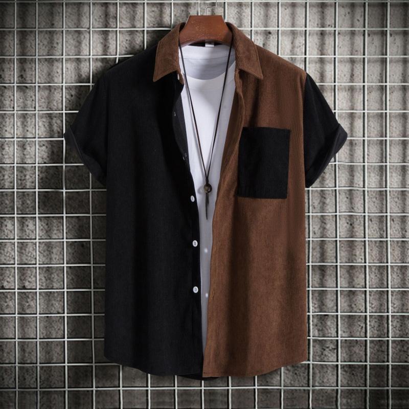 Men's corduroy color-block short-sleeve shirt, casual button-up shirt with chest pocket, vintage summer street style, soft and breathable, suitable for everyday wear