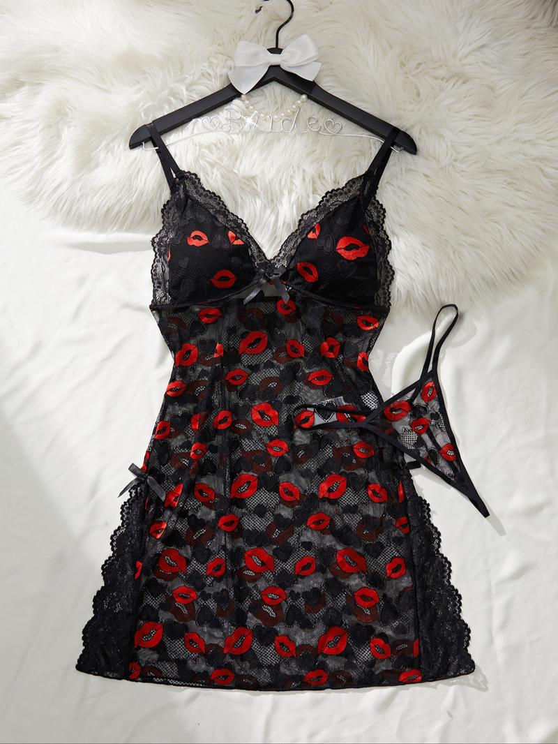 Women's Lip Print Lace Trim Cami Nightdress & Thong Sexy Lingerie Set, Comfy Breathable Nightgown & Panty Set, Women's Sleepwear & Loungewear Set, Sleeveless Nightgown Women's Lip Print Lace Trim Cami Nightdress & Thong Sexy Lingerie Set, Comfy Breathable Nightgown & Panty Set, Women's Sleepwear & Loungewear Set, Sleeveless Nightgown
