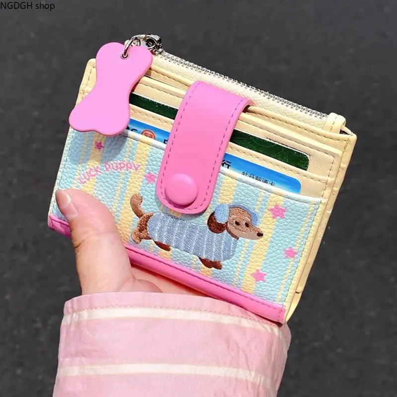 Cute Pink Dog Mini Wallet for Women, Small Card Holder with Zip Closure and Puppy Bone Charm for Daily Use