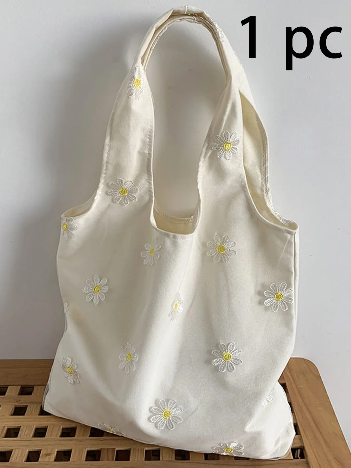 Embroidered Daisy Pattern Tote Bag, Lightweight and Spacious, Ideal for Teen Girls, Women, College Students, Perfect for School and Shopping