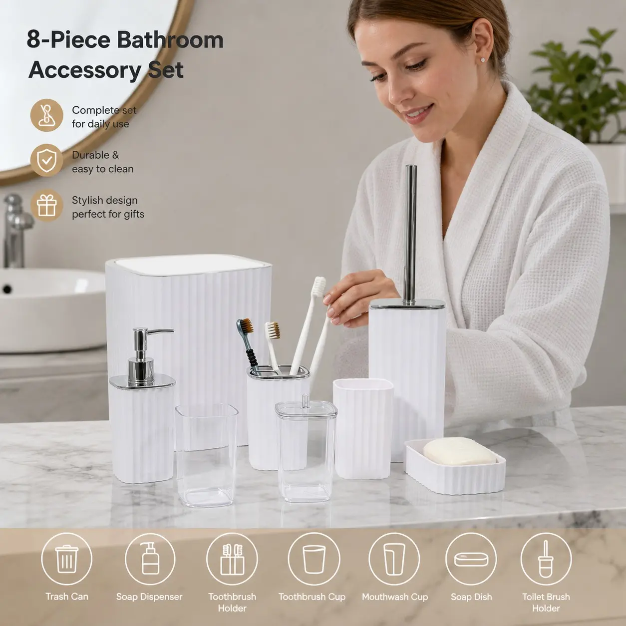 8 Piece Luxury Bathroom Vanity Set, Multi-Functional Storage Kit, Includes Trash Can, Soap Dispenser, Toothbrush Holder, Toilet Brush, Cotton Swab Jar
