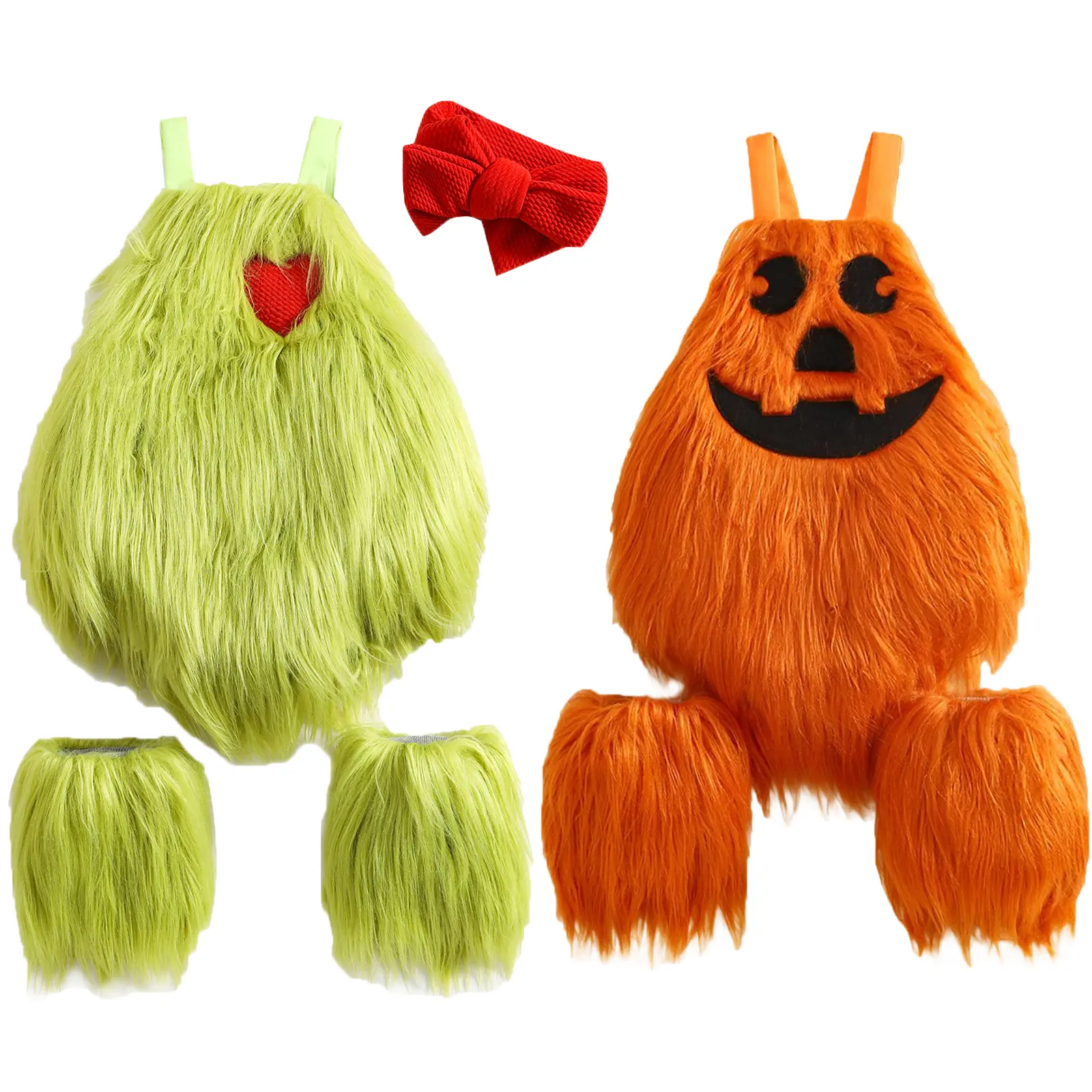 Babamoon Toddler Infant Baby Girl Boy Halloween Cosplay Costume Fuzzy Sleeveless Green Monster Pumpkin Print Romper Role Play Outfits with Feet Covers 0-24M