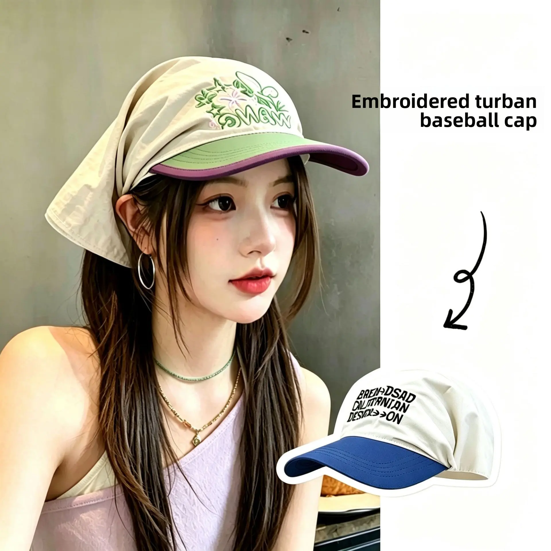Trendy Women Color Block Embroidered Bandana Baseball Sun Hat, Fun Cute Graphic Tie Back Neck Shield Head Scarf Cap, Lightweight Windproof Summer Outdoor Accessory, Ideal Sun Protection Hat For Camping Shopping Travel Beach Trip