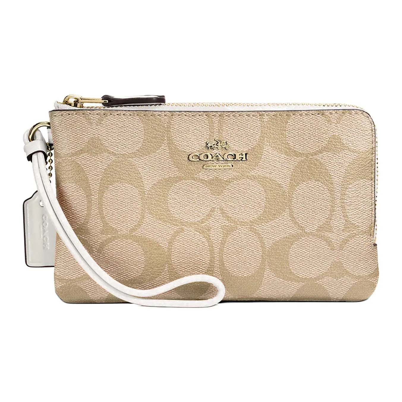 COACH Corner Zip 16 Double-Layer Monogram Canvas Clutch Bag for Women, Small Size, Light Khaki with White