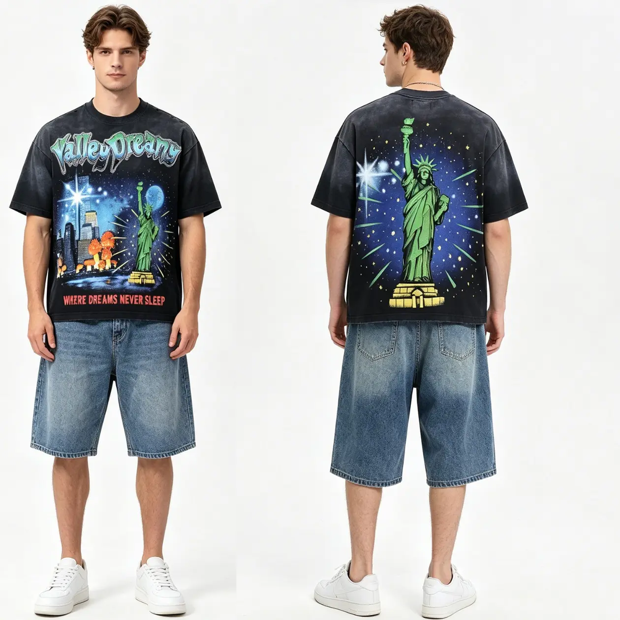 VALE Forever Statue of Liberty Rhinestone Graphic Tee, Double Sided Print Vintage Washed Cotton T-Shirt, Y2K Hip Hop Streetwear Short Sleeve Top