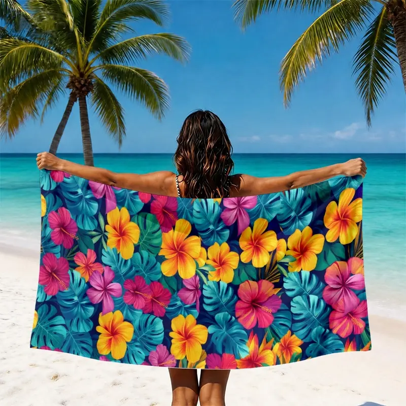 Tropical Hibiscus Beach Towel, Colorful Floral & Palm Leaf Design, Soft Comfortable, Absorbent, Ideal for Beach, Pool, Travel, Summer Gift