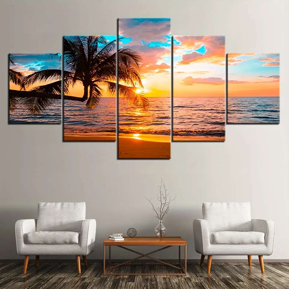 5-Piece Artistic Minimalist Waterproof Modern Palm Tree Beach Sunset Sea-View Framed Canvas Wall Art - Ready To Hang - For Living Room Office - Perfect Housewarming Gift, Water Proof
