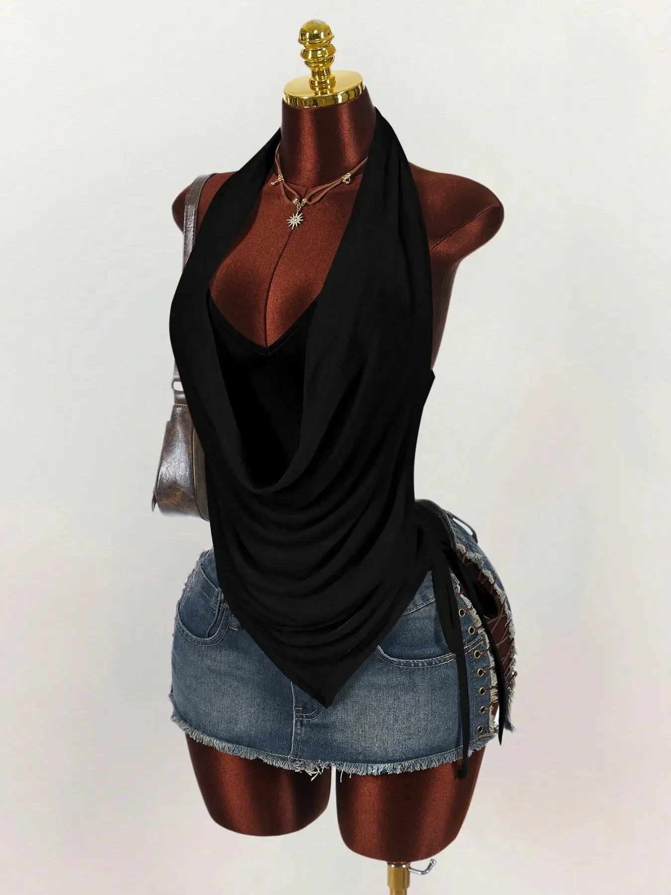1Pcs Halter Cowl Neck Side Tie Fit Tank Top for Women, Ruched Back Asymmetrical Hem, Soft Stretchy Knit, Y2K Grunge Street Style
