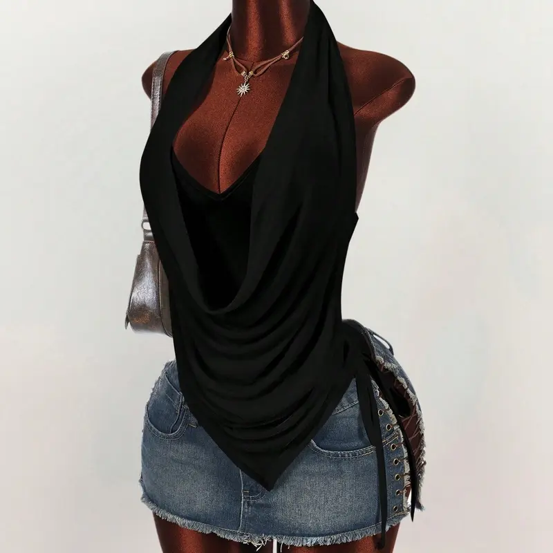 Women's Halter Cowl Neck Side Tie Tank Top, Ruched Back Asymmetrical Hem, Soft Stretchy Knit, Y2K Grunge Streetwear