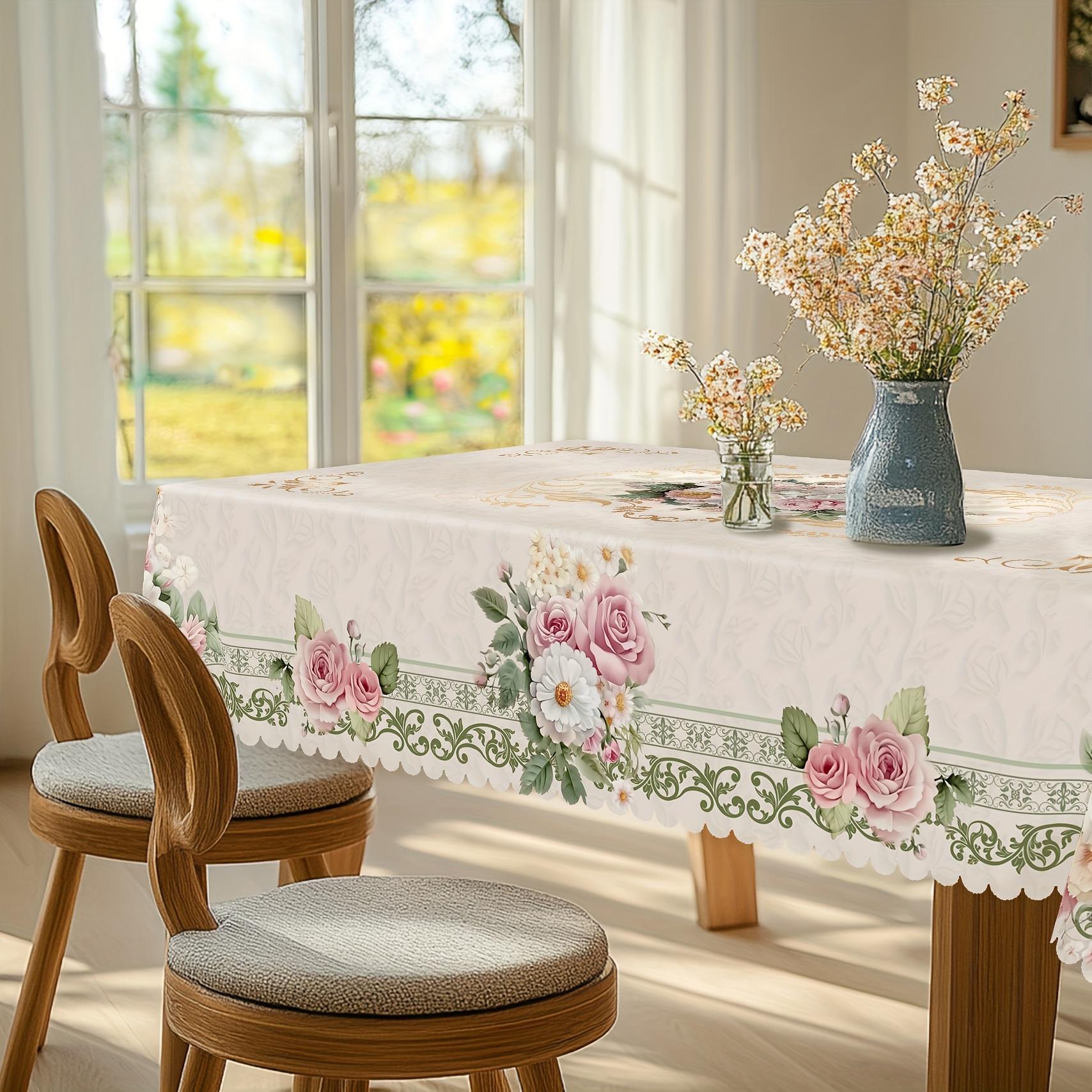 1pc French Vintage Rose & Daisy print Tablecloth - Elegant / with Roses & Daisies, Machine-Made Rectangular/Possibly Round Suitable for Valentine's Day, Weddings, Birthdays, Kitchen & Dining Table Cover - Fabric for Indoor/Outdoor Use