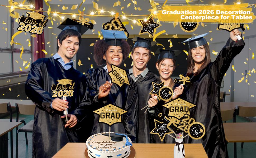 Graduation Decorations Class of 2026-30pcs Black and Gold Graduation Table Centerpieces Sticks Table Toppers with Lights for College High School Congrats Grad Party Supplies