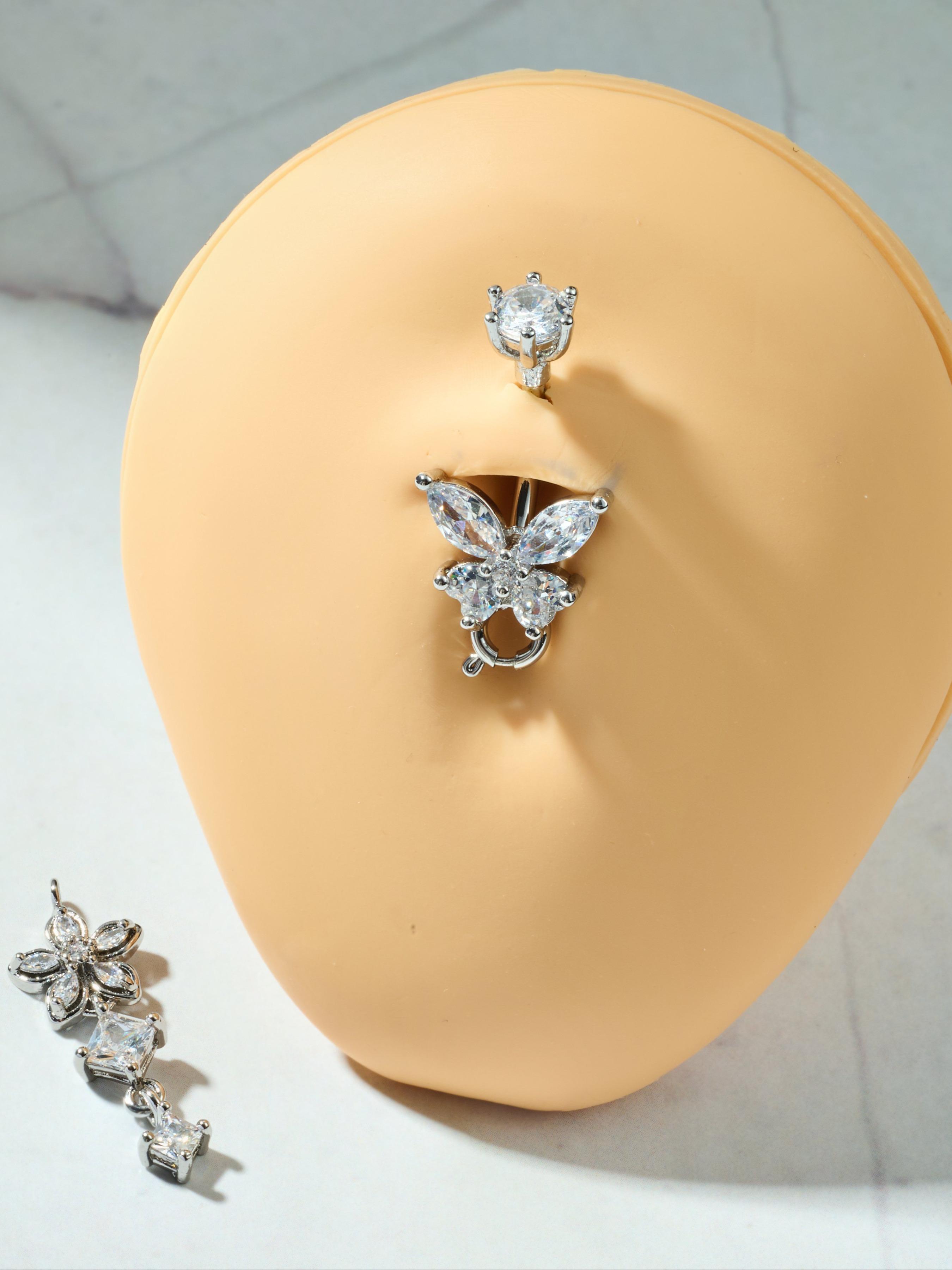 Detachable Flower Dangle Belly Button Ring Cute Butterfly Removable Belly Rings Stainteel Steel Navel Piercing Jewelry For Women, 10mm Silver Pink Purple Blue Belly Button Piercing Body Piercing 14Gauge