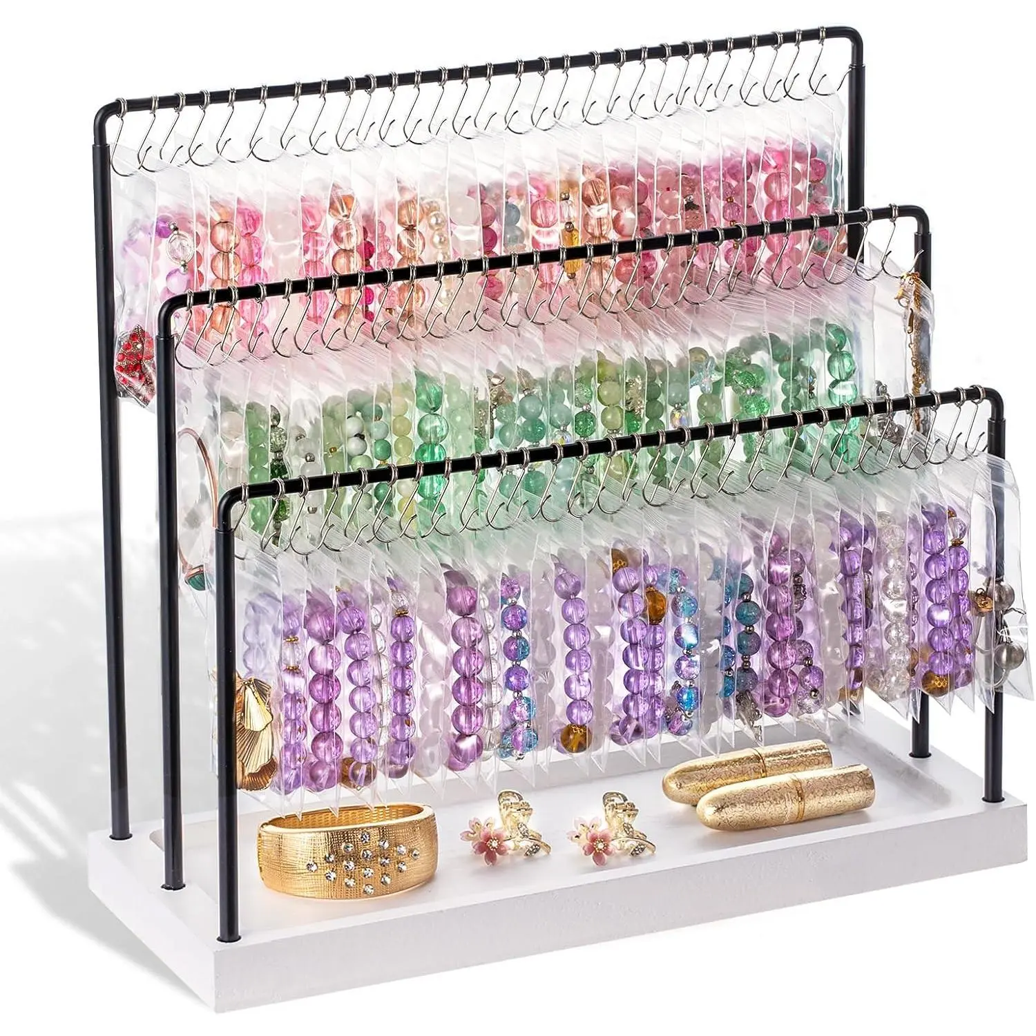 3 Tier Bracelet Holder Stand with 100 Hooks, Wood and Metal Jewelry Display Organizer with Dust-Proof Bags for Bracelets Necklaces Rings Earrings Scrunchies, White