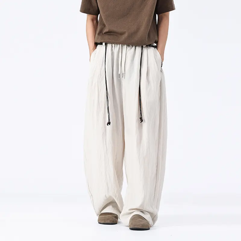 Multi‑drawstring wide‑leg casual trousers with crinkled textured fabric, side pockets and loose baggy silhouette for relaxed street‑style daily outfits#sohochic